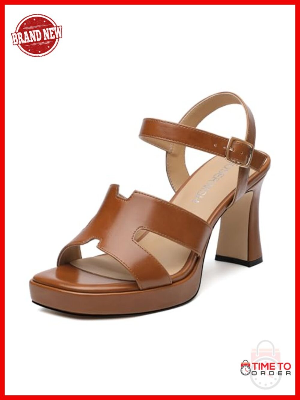 Chunky High Heel Sandals Square Open Toe Faux Leather Ankle Strap